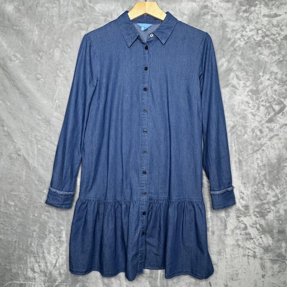 Draper James Dress Womens 6 Blue Denim Chambray Button Front Ruffle Hem Cotton